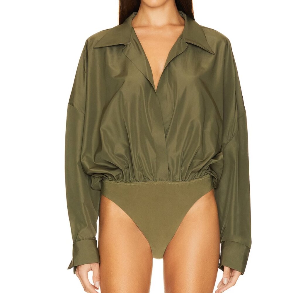 NORMA KAMALI Oversized Boyfriend Shirt Bodysuit - Olive Green XS NWT